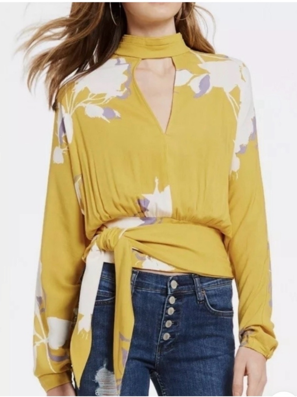 FREE PEOPLE Floral Tie-Waist Mock Neck Blouse- Small